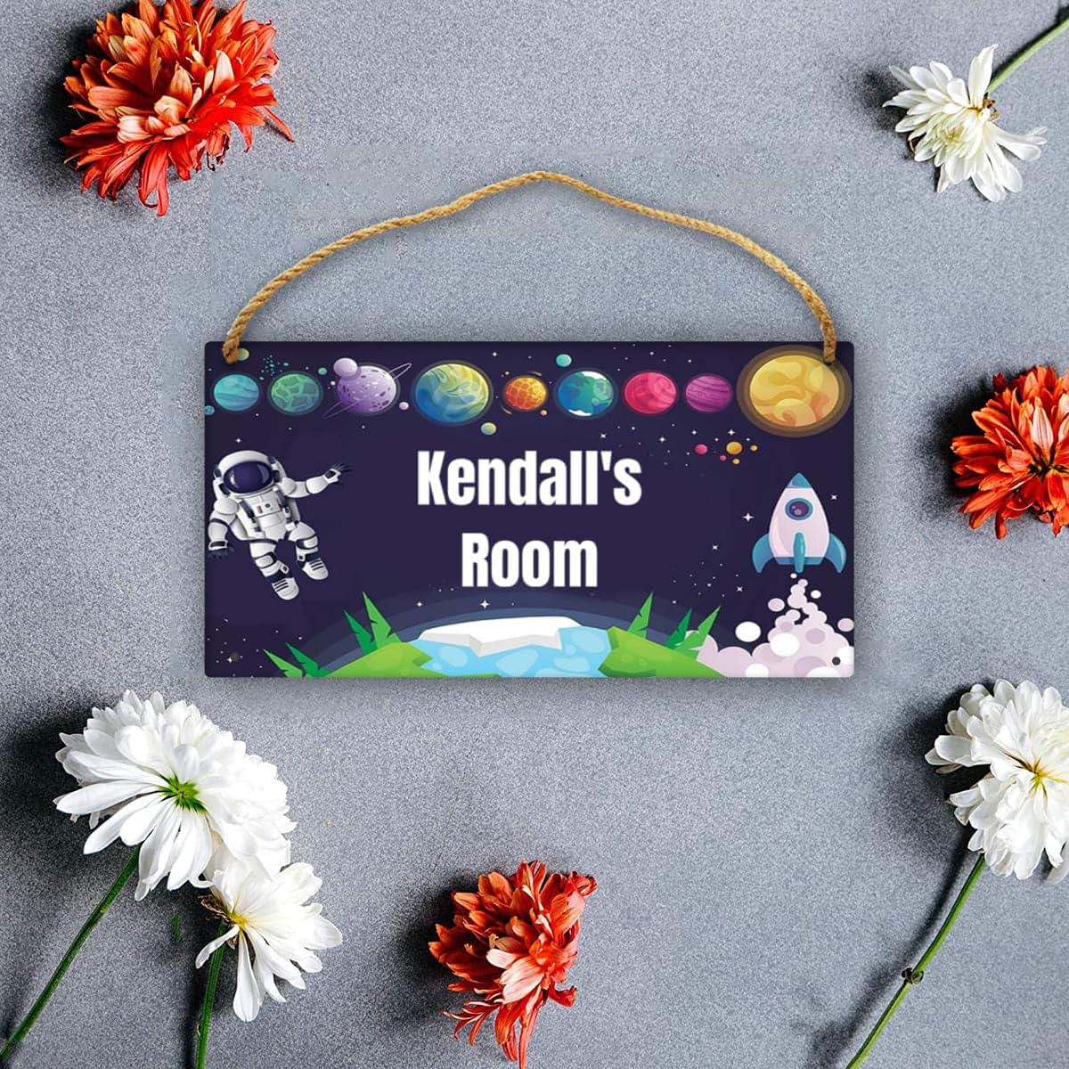 CUSDECOR Personalized Flower Floral Wooden Sign Boys Girls Bedroom Door Decor Custom Name Baby Nursery Kids Room Wood