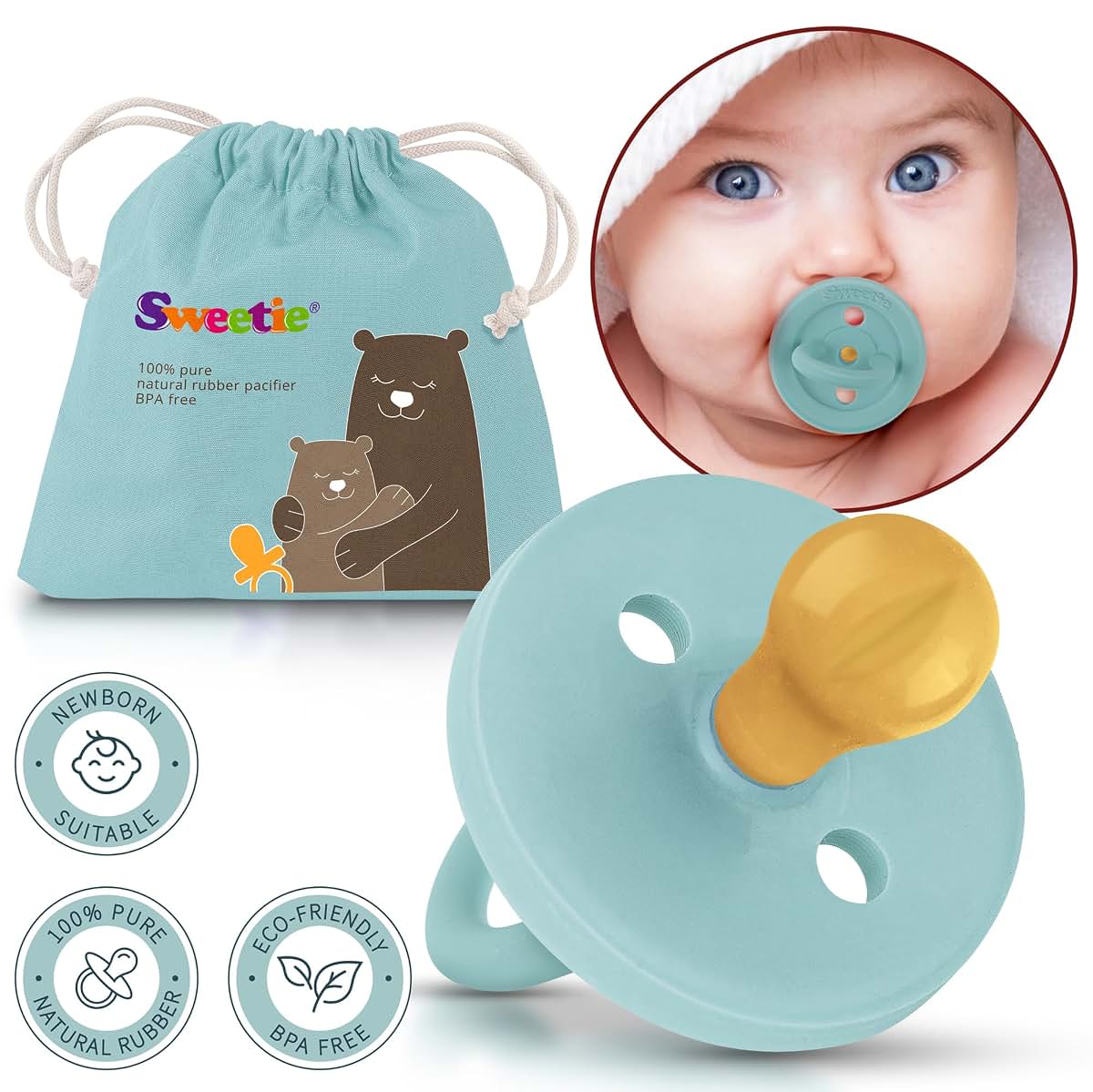 Sweetie Natural Rubber Pacifier Rounded Turquoise Medium