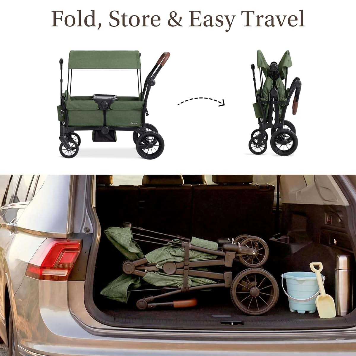 Evolur Trailblazer Foldable Wagon Stroller for 2 Kids with Canopy, Green (photo 4)