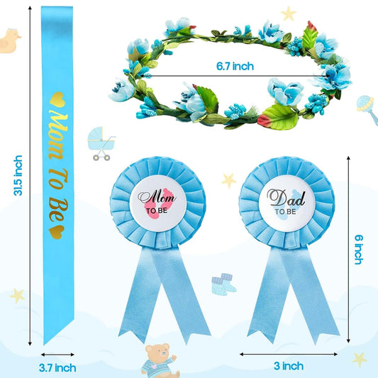 2ooya Mom to Be Sash Kit for Baby Shower, Blue and Gold, with Garland Crown