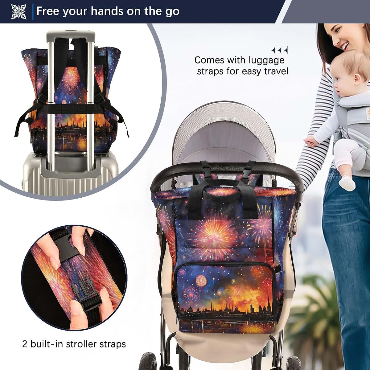 YANENDIE Colorful Firework Diaper Bag Backpack with Stroller Straps and Pacifier Case