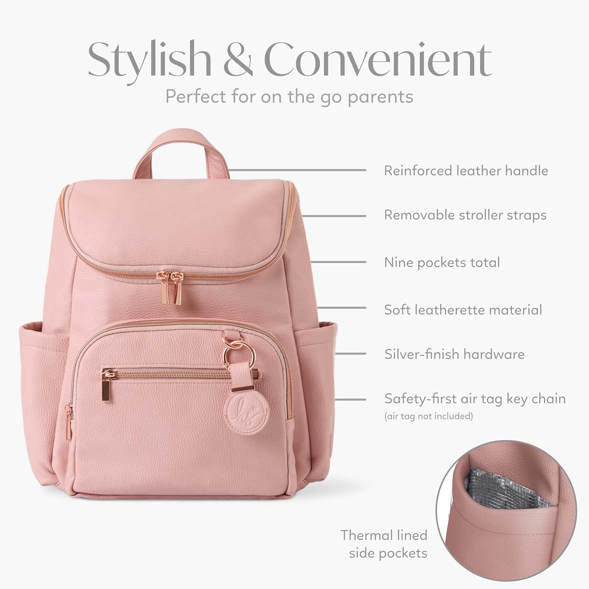 Hannah&Sophia Hannah & Sophia Ready to Roam Diaper Backpack, 3-Piece, AirTag, Rose Pink (photo 4)