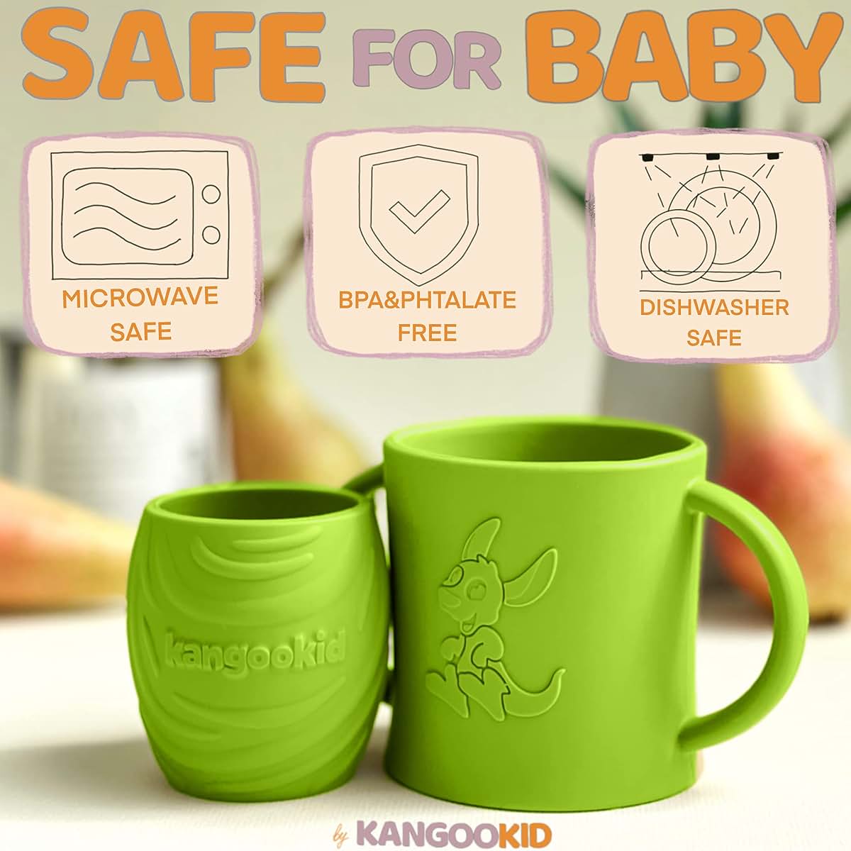 Kangookid Open Cup Set for Baby, 2 Silicone Training Cups for Toddlers 6+ Months, Green