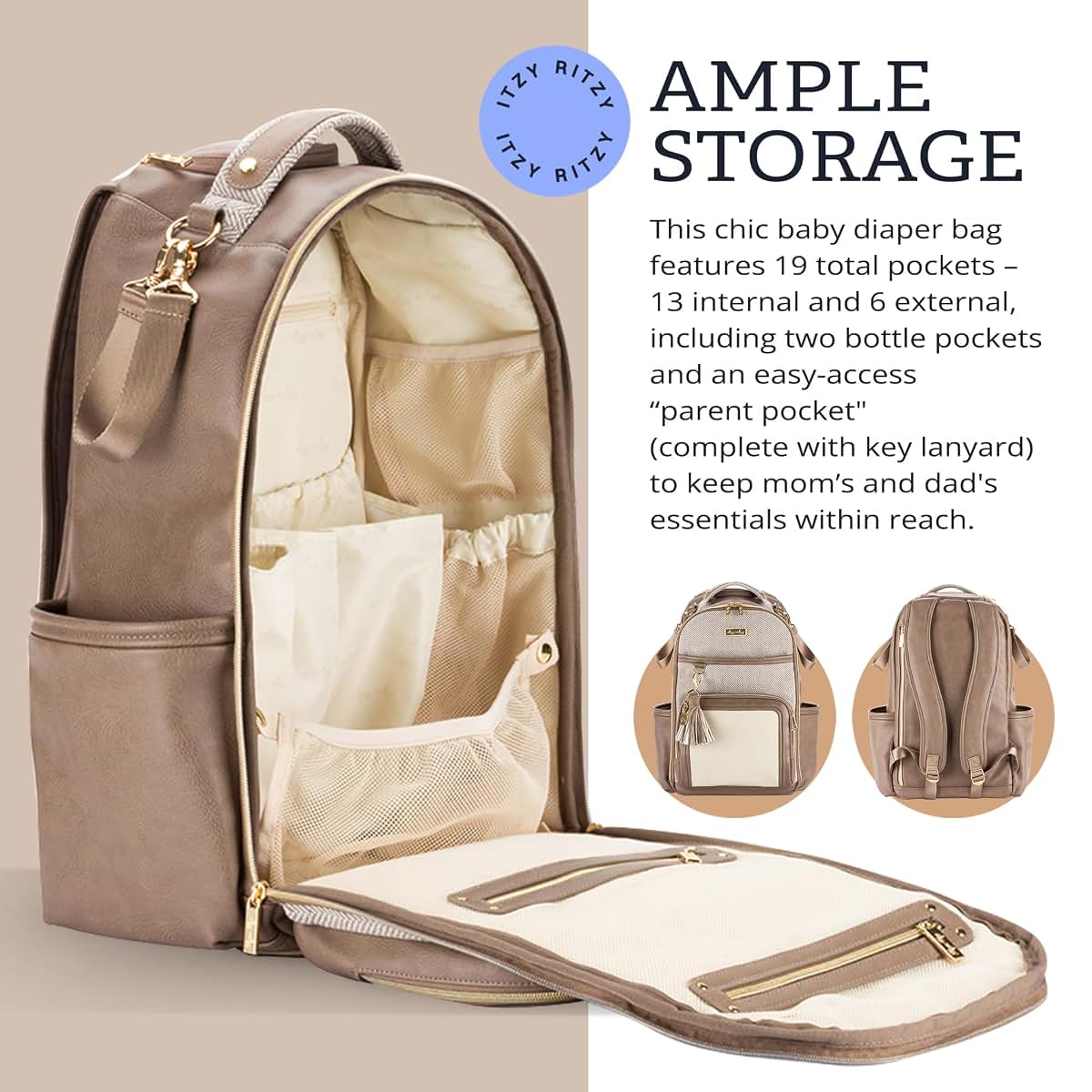 Itzy Ritzy Boss Plus Diaper Bag Backpack In Vanilla Latte With 19 Pockets
