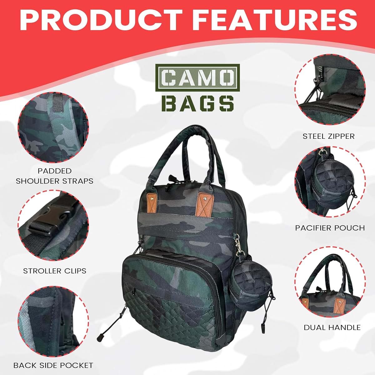 Powell Tool Bags Camo Diaper Backpack - Shoulder Bag with Changing Pad & Pacifier Pouch- Comfortable Backpack with (photo 4)