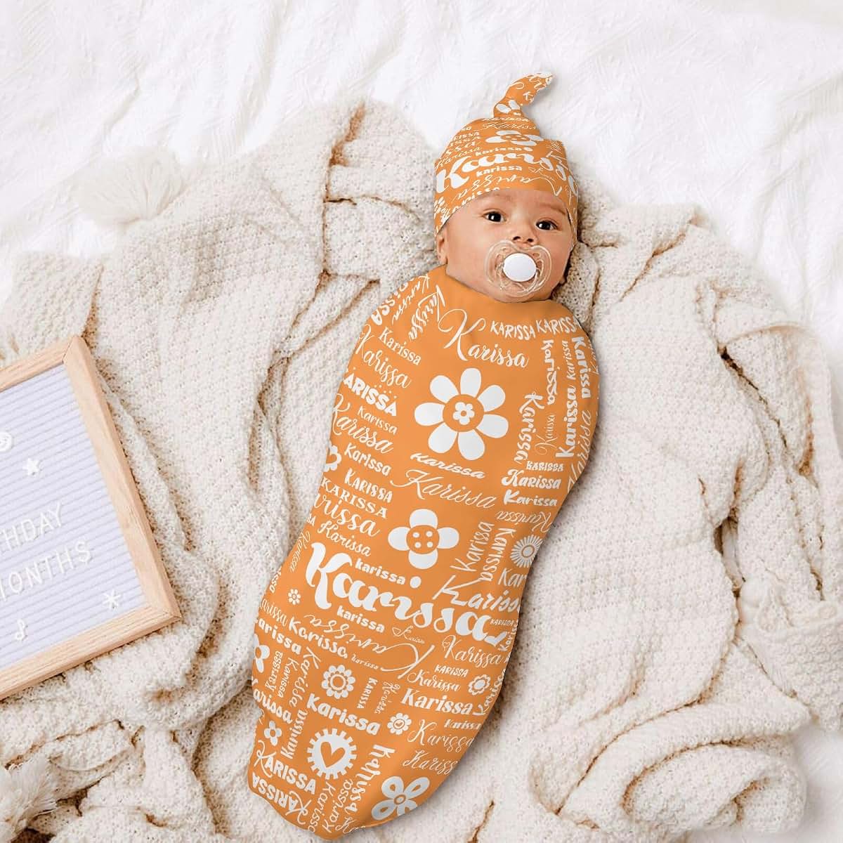 YallLocoMo Custom Newborn Swaddle Blankets Hat Orange Flower Name Text Sets Soft Baby Receiving Blanket Swaddle Sack