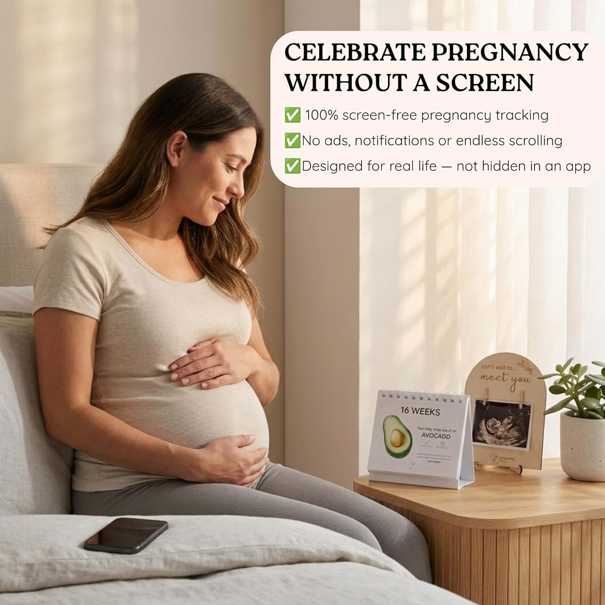 Newborn Nest The Growing Miracle Pregnancy Calendar Bundle with Wooden Ultrasound Photo Frame