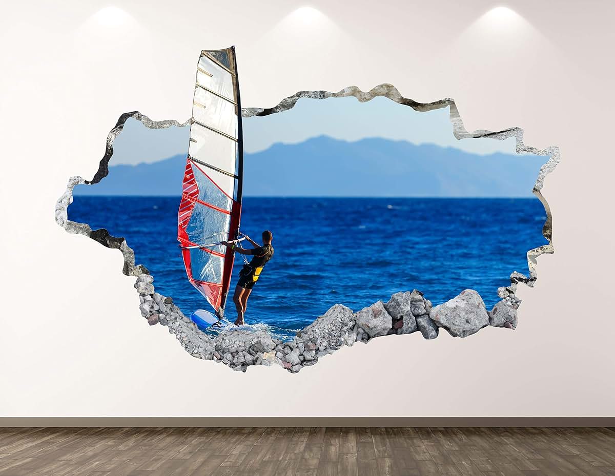 West Mountain Windsurf Wall Decal Art Decor 3D Smashed Sport Sticker Mural Kids Room Custom Gift BL87 (30" W x 18" H)