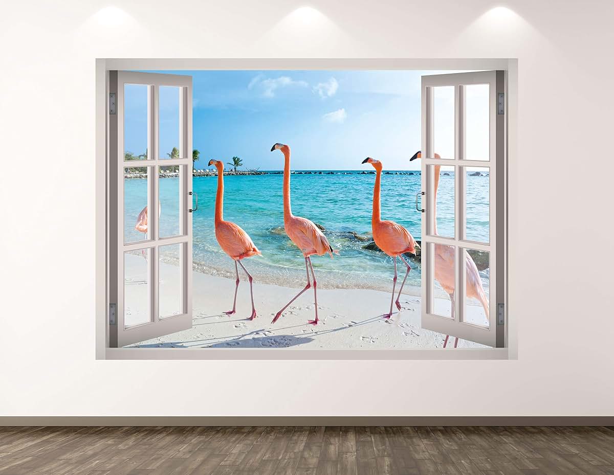 West Mountain Flamingo Wall Decal Art Decor 3D Window Beach Bird Sticker Mural Kids Room Custom Gift BL172 (40"W x 30"H)