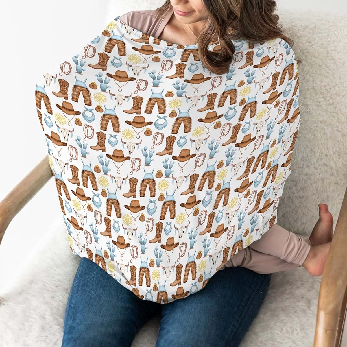Western Cowboy Baby Car Seat Cover - 5-in-1 Canopy and Nursing Up