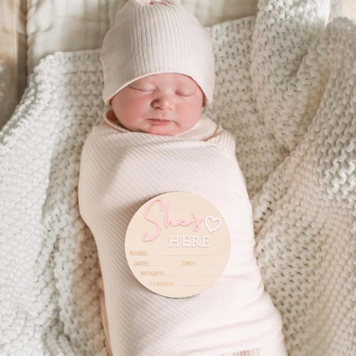 She's Here Wooden Sign - Gender Reveal Birth Announcement Board, Newborn Photo Prop