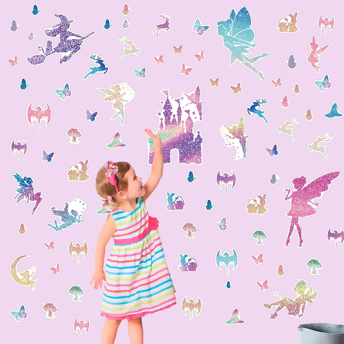 BabyOneStop Glow in the Dark Fairy Wall Decals with Glitter Butterflies and Witch Stickers for Kids Room