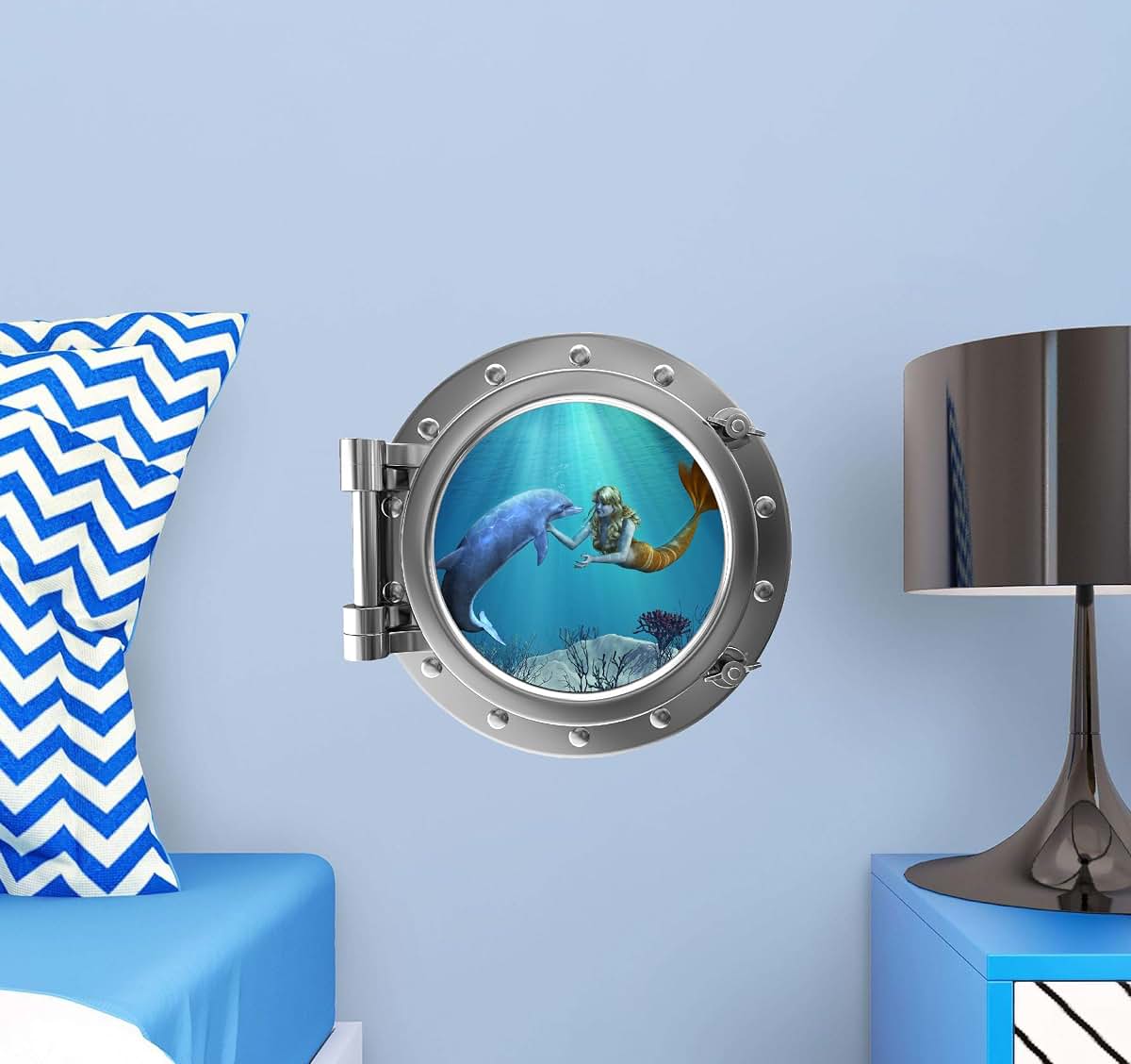 Stickit Graphix 12" Porthole 3D Window Wall Sticker Mermaid Dolphin Silver Sea Ocean Kids Room Decor Removable Vinyl