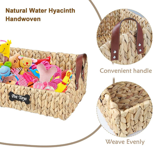 Brabtod Trapezoid Pet Toy Storage Basket, Water Hyacinth Wicker Organizer for Dog Cat Toys