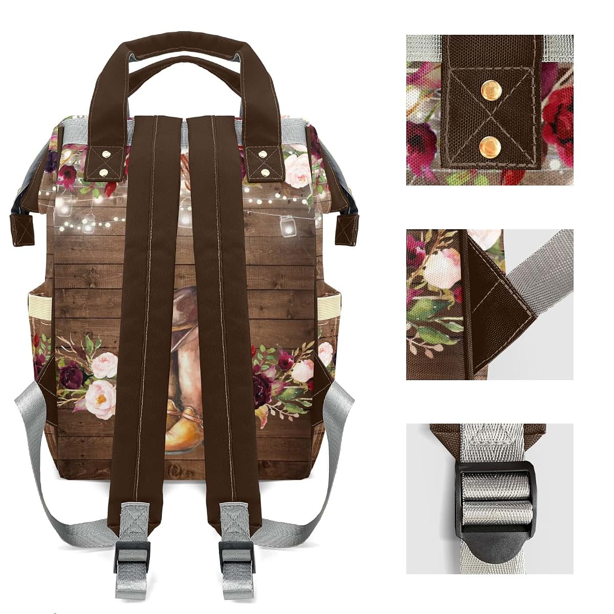 Joyestore Personalized Floral Light Cowboy Boot Flower Custom Mom Bag with Name,Dad and Mom Diaper Backpack Waterproof (photo 4)