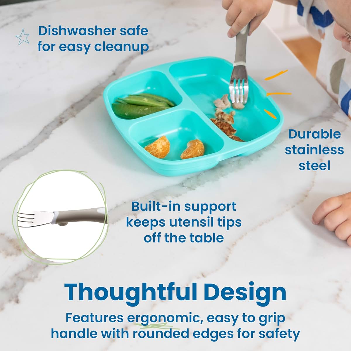 ECR4Kids My First Meal Pal Stainless Steel Forks, Toddler Silverware, White, Light Grey, 3-Pack