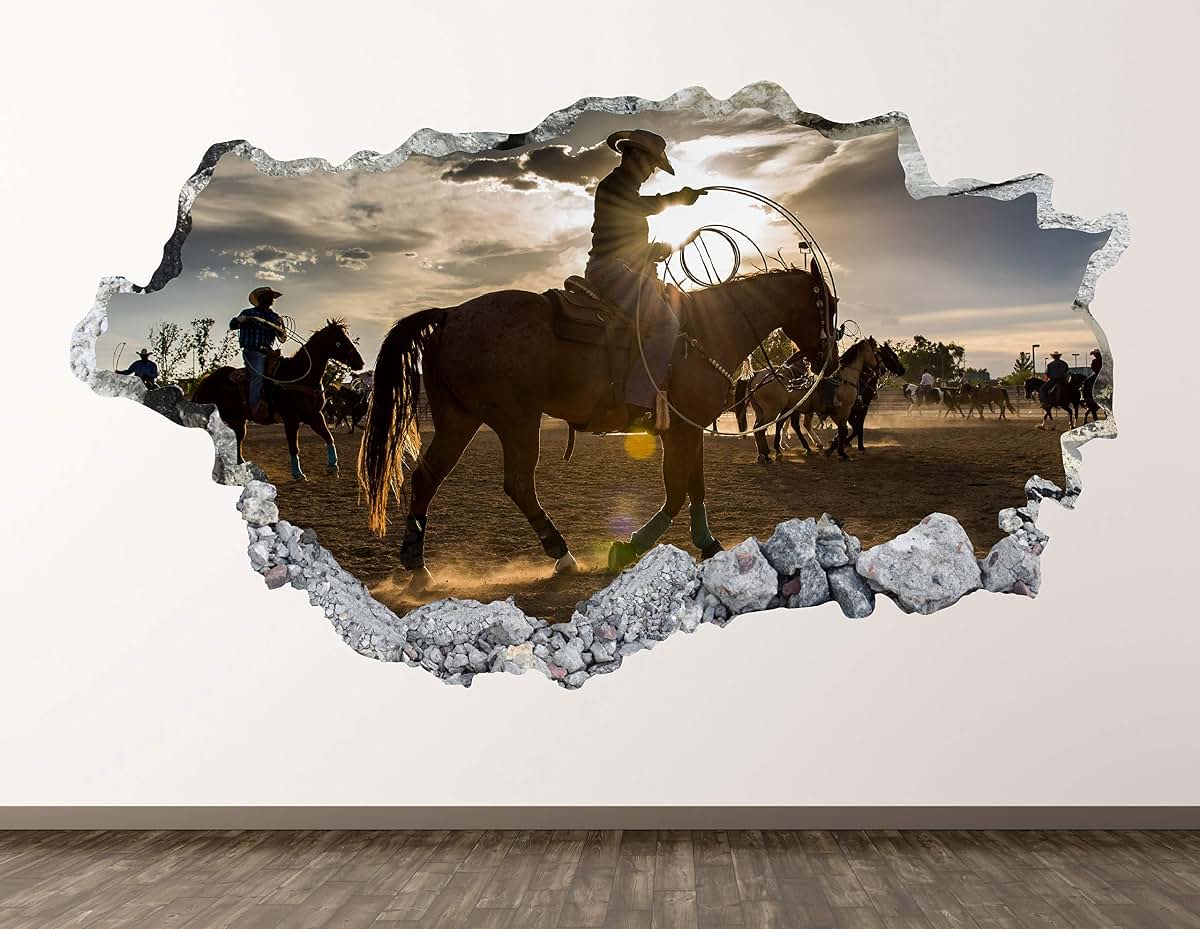 West Mountain Cowboy Wall Decal Art Decor 3D Smashed Western Life Farm Sticker Poster Kids Room Mural Custom Gift