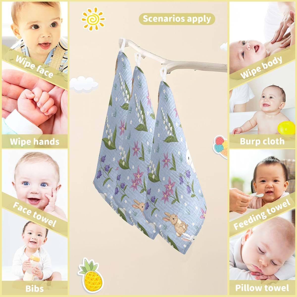 CUPADA Muslin Washcloth Set for Baby | Pure Cotton, Absorbent 12x12 Inch Wipes