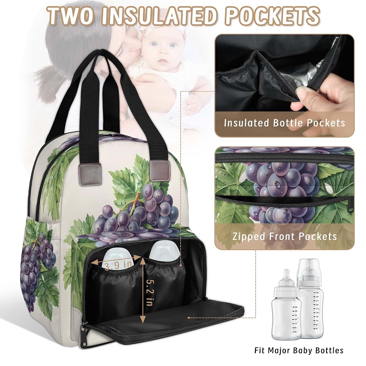 Adornori Purple Grape Diaper Bag Backpack With Charging Port And Insulated Holders