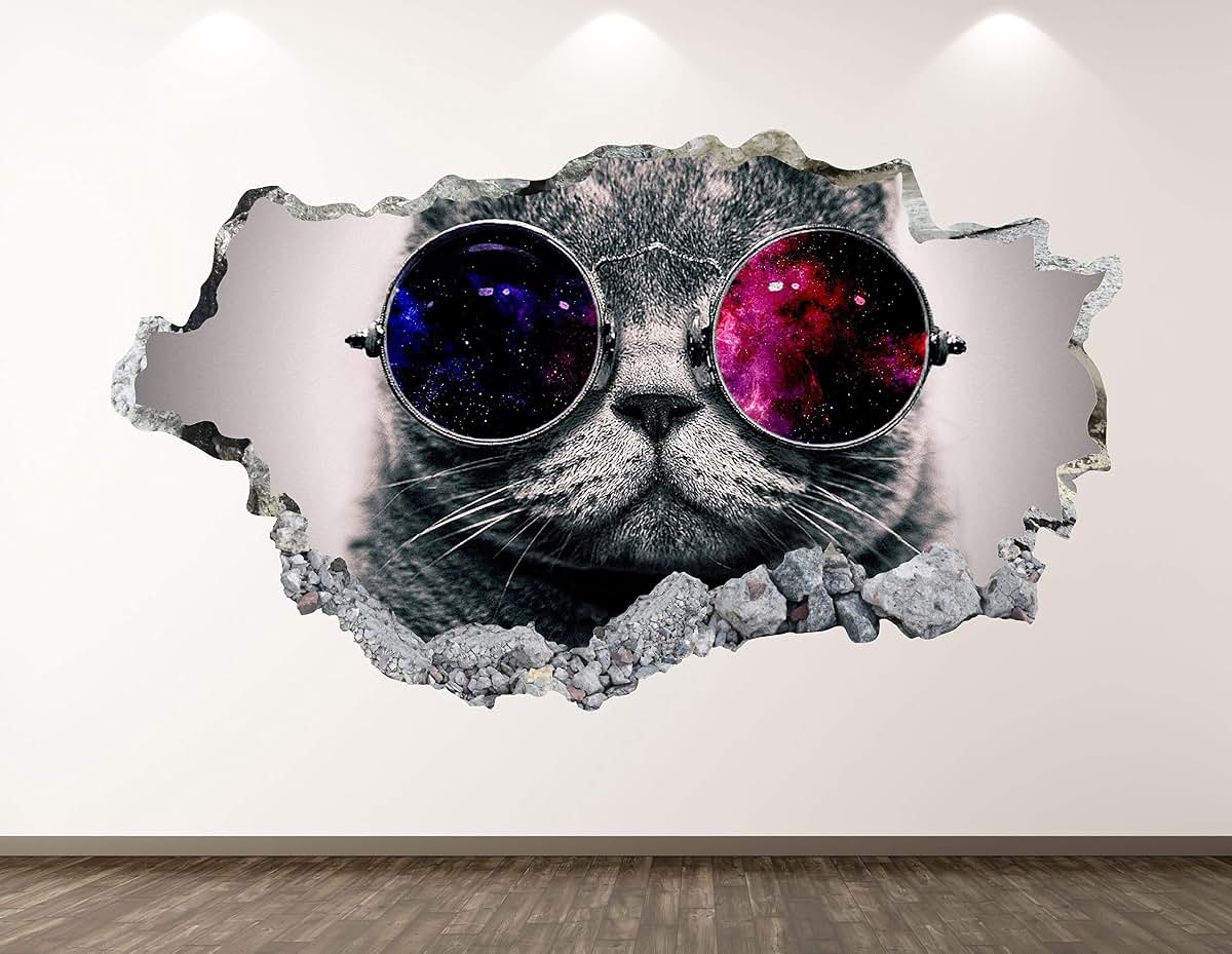 West Mountain Space Cat 3D Wall Decal, 42x24 Inch Peel and Stick Vinyl Mural