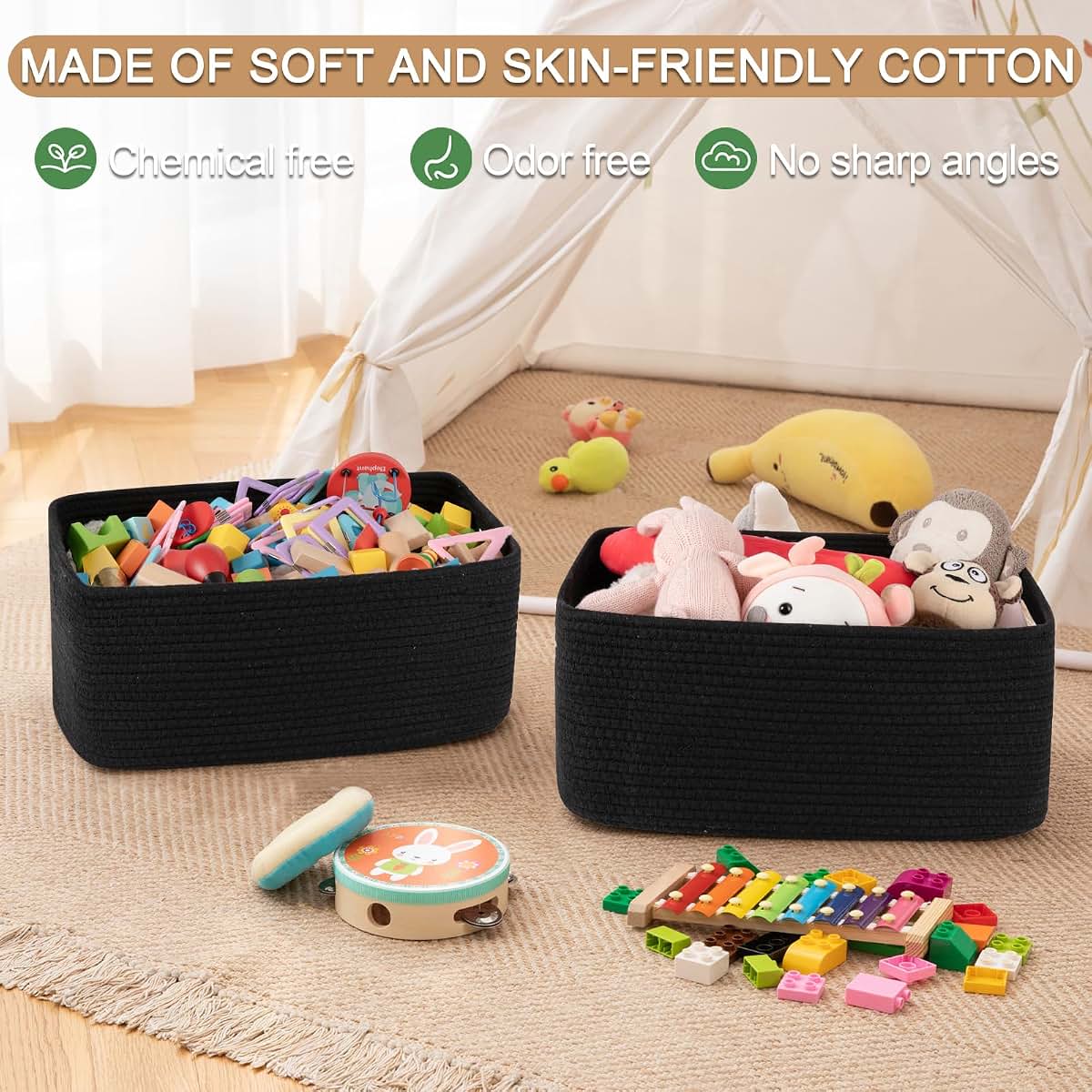 OIASKET Large Woven Rope Storage Basket 2 Pack Black