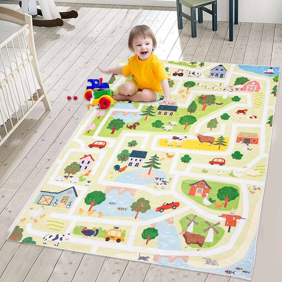 Lacomfy Kids Rug 3x5 Animals Farm Play Mat Road Car Rug for Playroom Classroom Educational Children Rug Nonslip Farm
