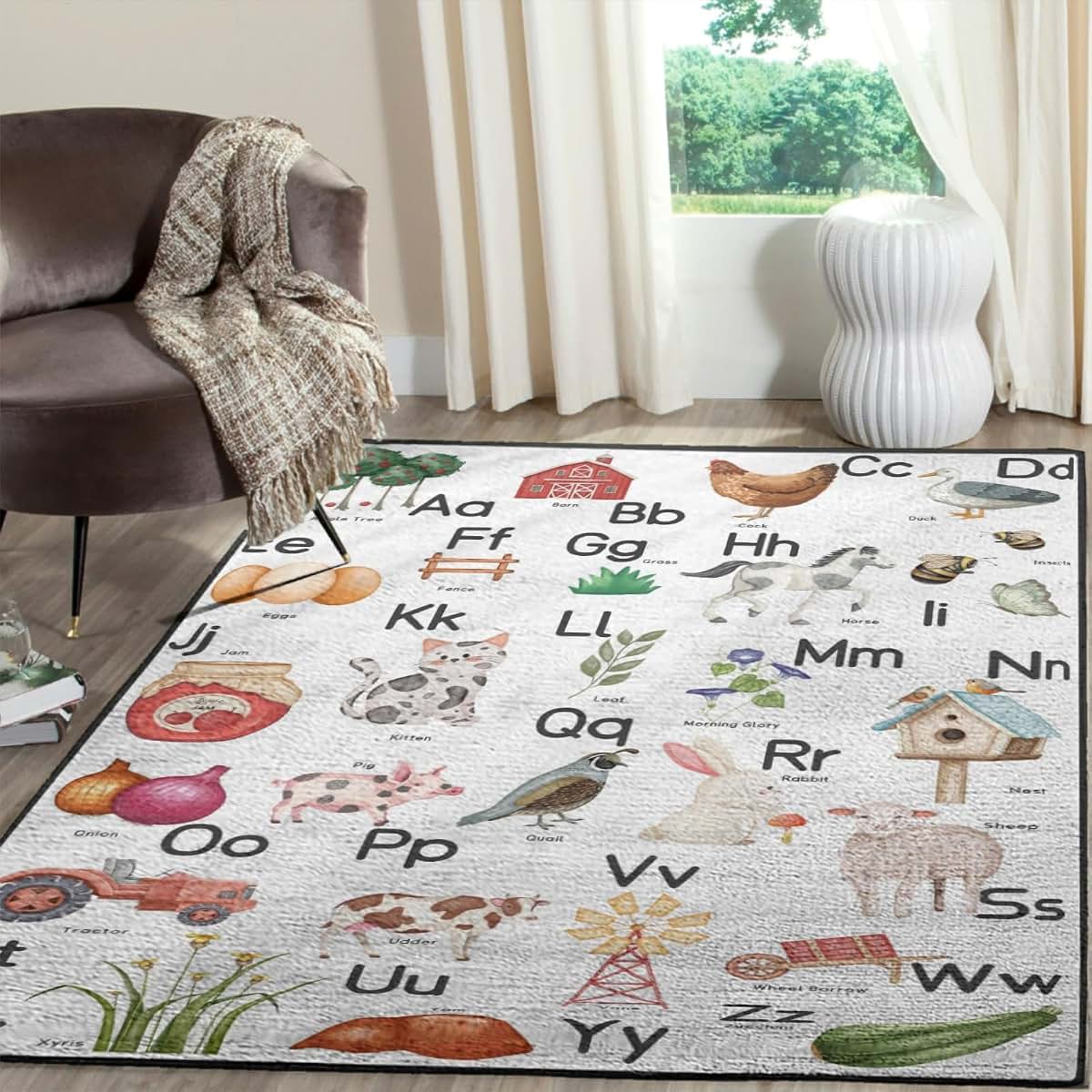 Cute Farm Life ABC Learning Indoor Area Rug for Nursery Decor
