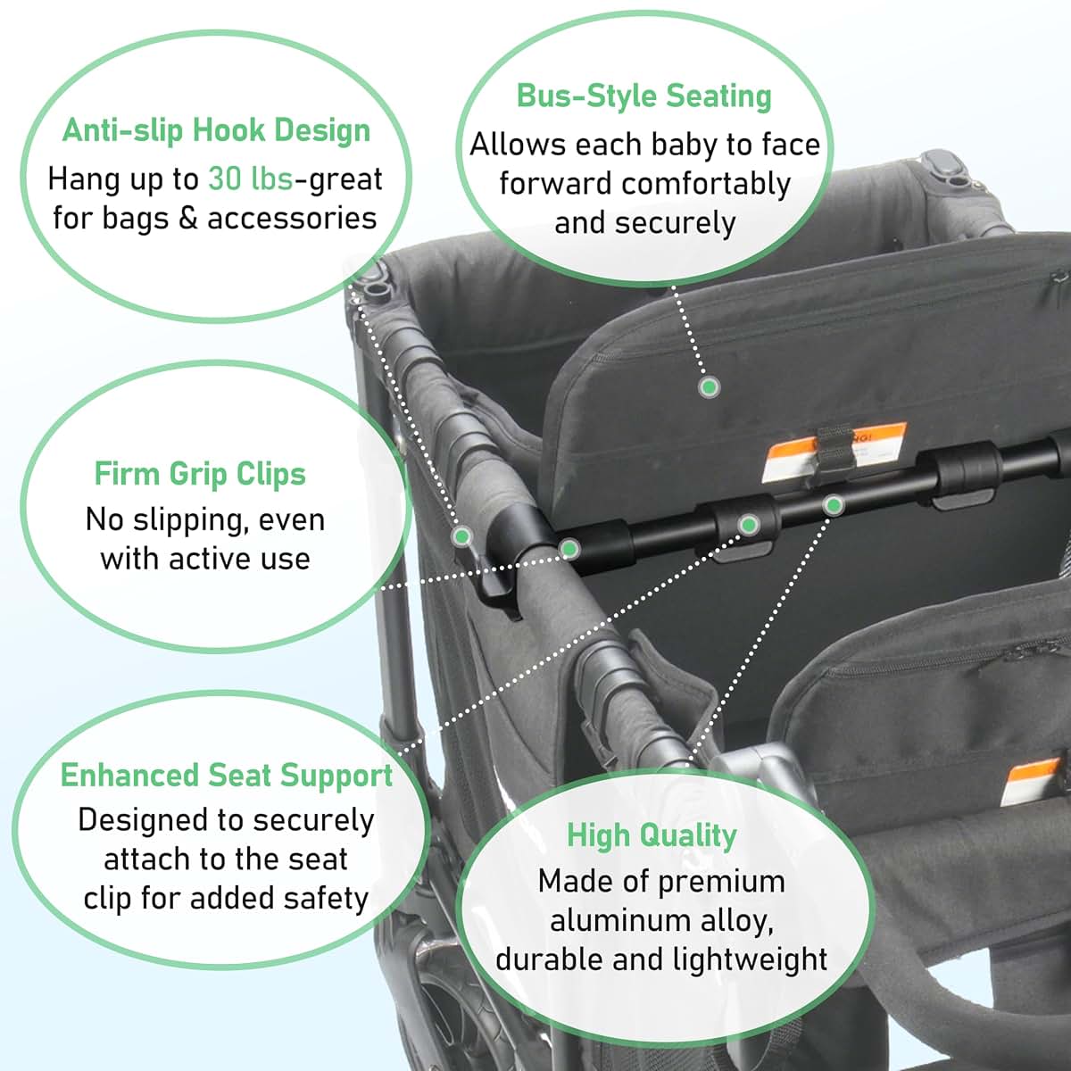 Kiicii Forward-Facing Support Bar for Wonderfold W2 Wagon, Bus-Style Seating Upgrade, Aluminum Alloy