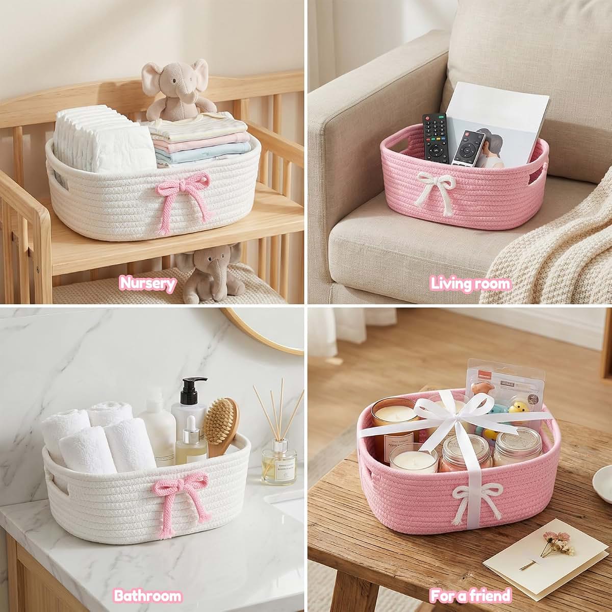 XYTZHSAI 3-Piece Pink Bow Cotton Rope Storage Baskets Set