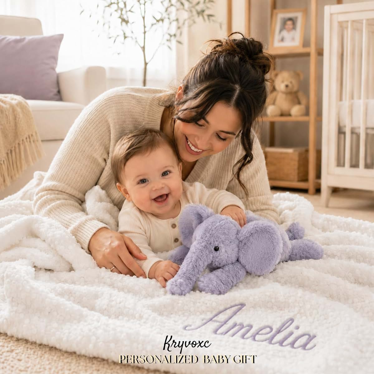 Kryvoxc Personalized Baby Blanket with Elephant Plush, Custom Minky Dot Gift (photo 4)