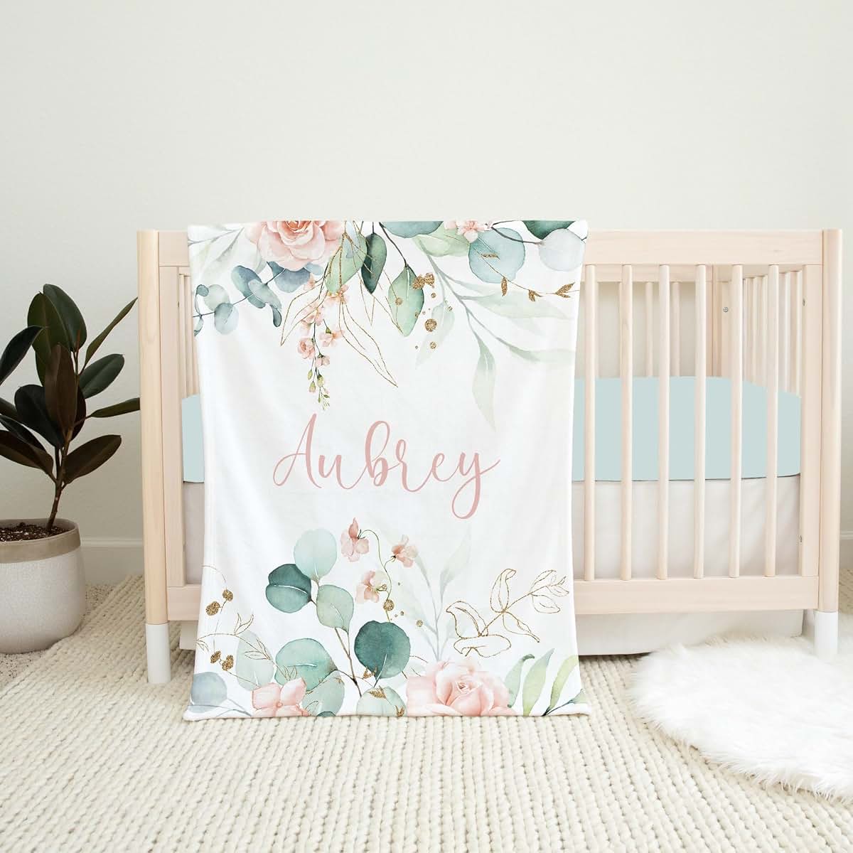 UnoCo Personalized Eucalyptus Baby Blanket, Baby Girl Blanket, Pink Floral Blanket, Eucalyptus Nursery, Floral Crib (photo 4)