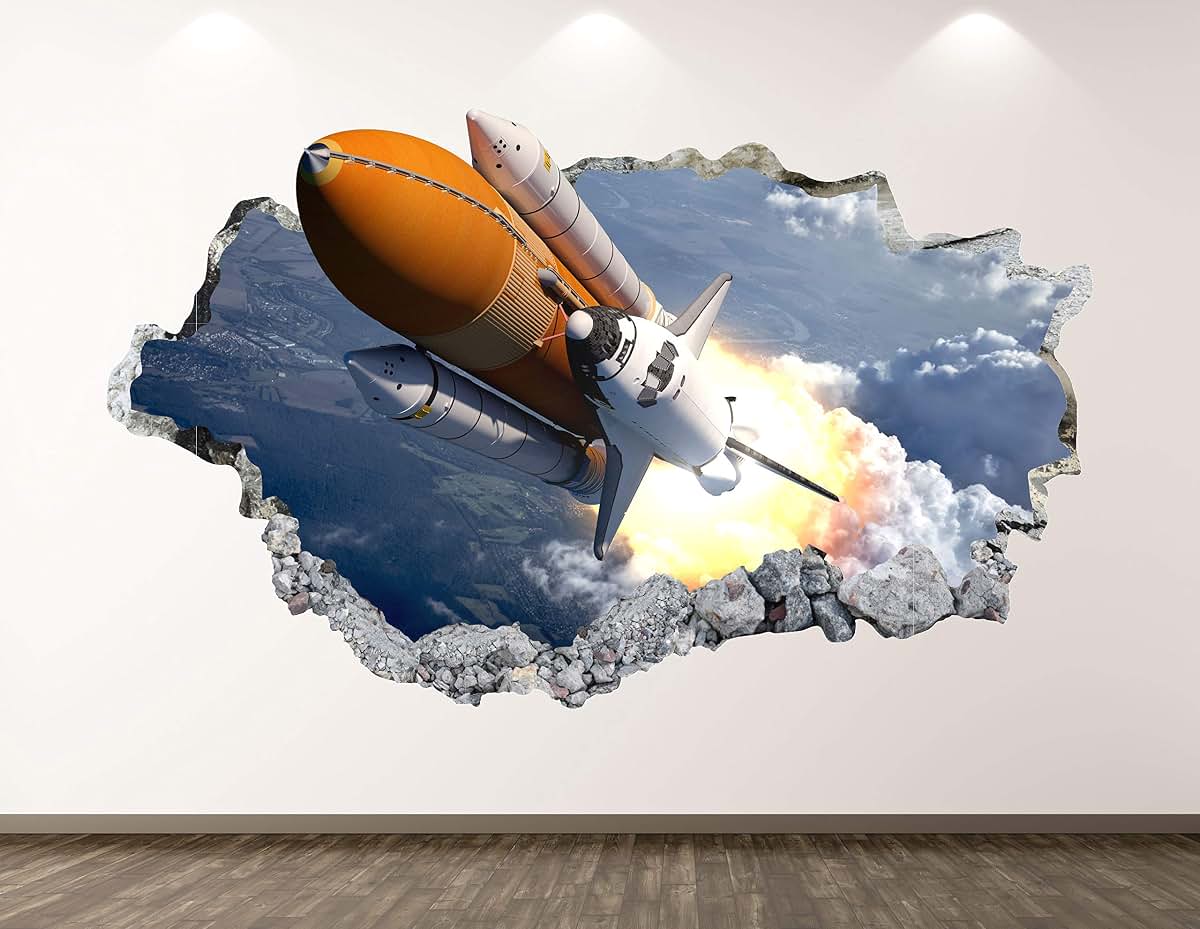 West Mountain Space Shuttle Wall Decal Art Decor 3D Smashed Spacecraft Sticker Poster Kids Room Mural Custom Gift BL243