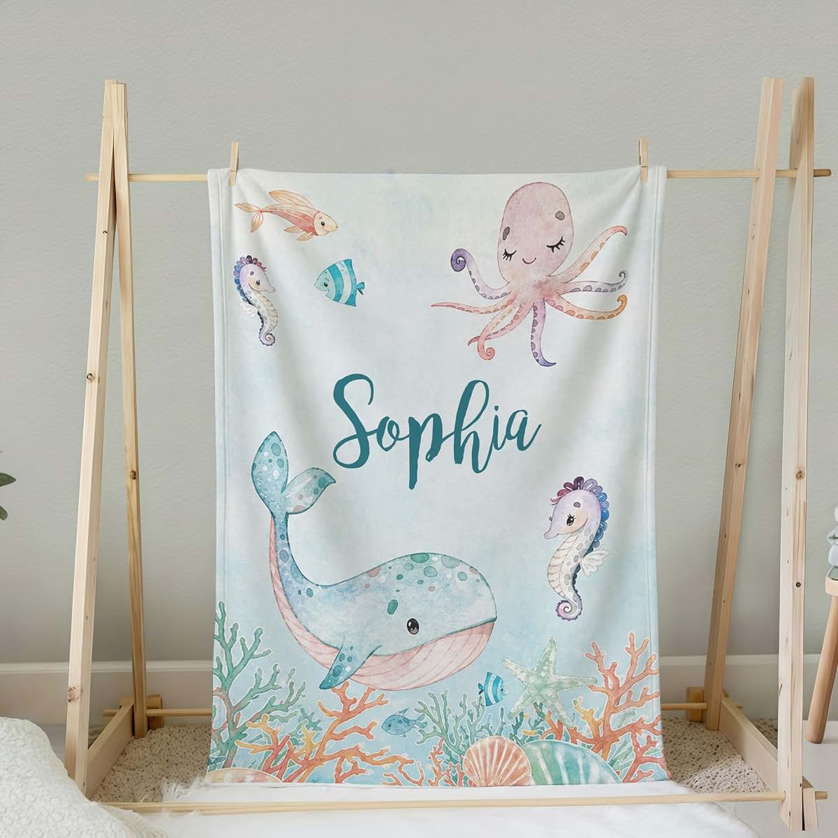 L&NG Personalized Baby Girl Fleece Blanket, Custom Name Ocean Animals Blanket, Cute Whale Octopus Seahorse Design Soft (photo 4)