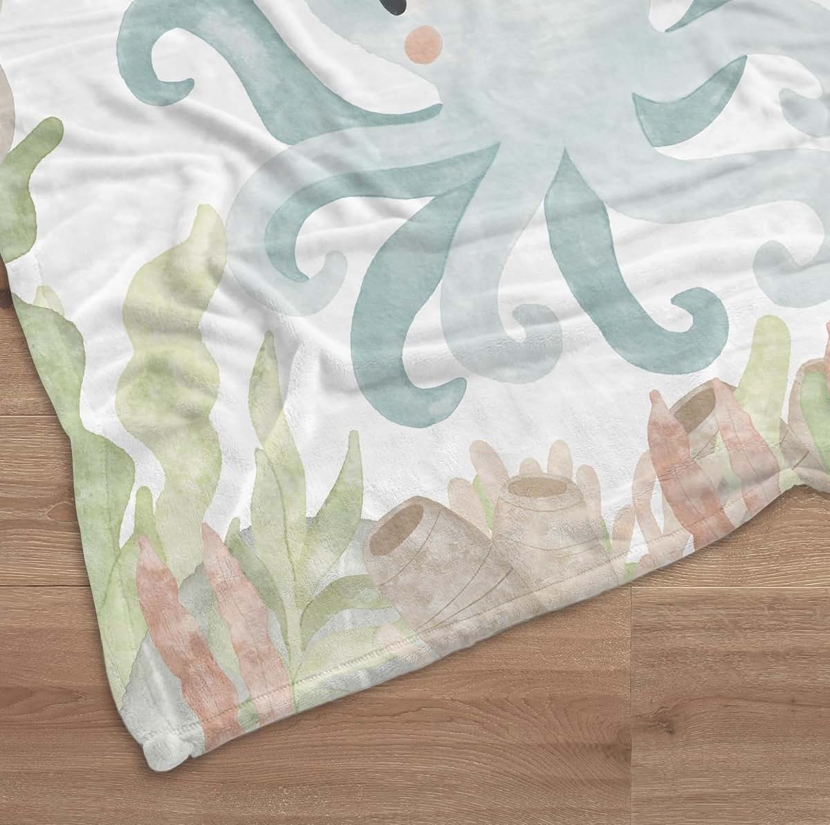 ZEBRA88 Personalized Ocean Baby Boy Name Blanket, Octopus Sea Animals Nursery Bedding, Custom Turtle Seahorse Theme (photo 4)