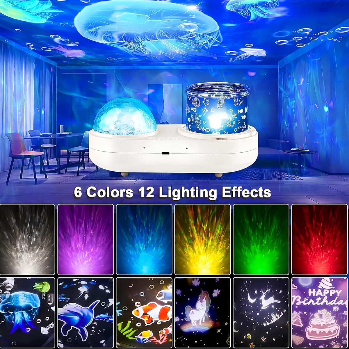 Ocean Kids Night Light Projector with 360° Rotation, 7 Theme Films & USB Power