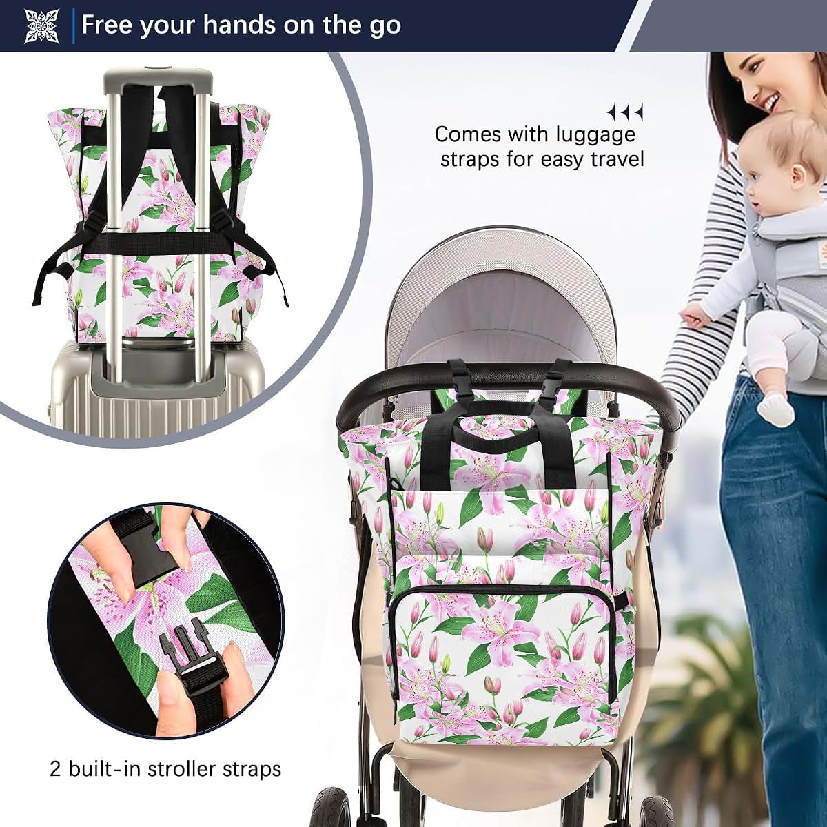 Kagirah Diaper Bag Backpack with Insulated Pockets and Stroller Straps, Blush Lily