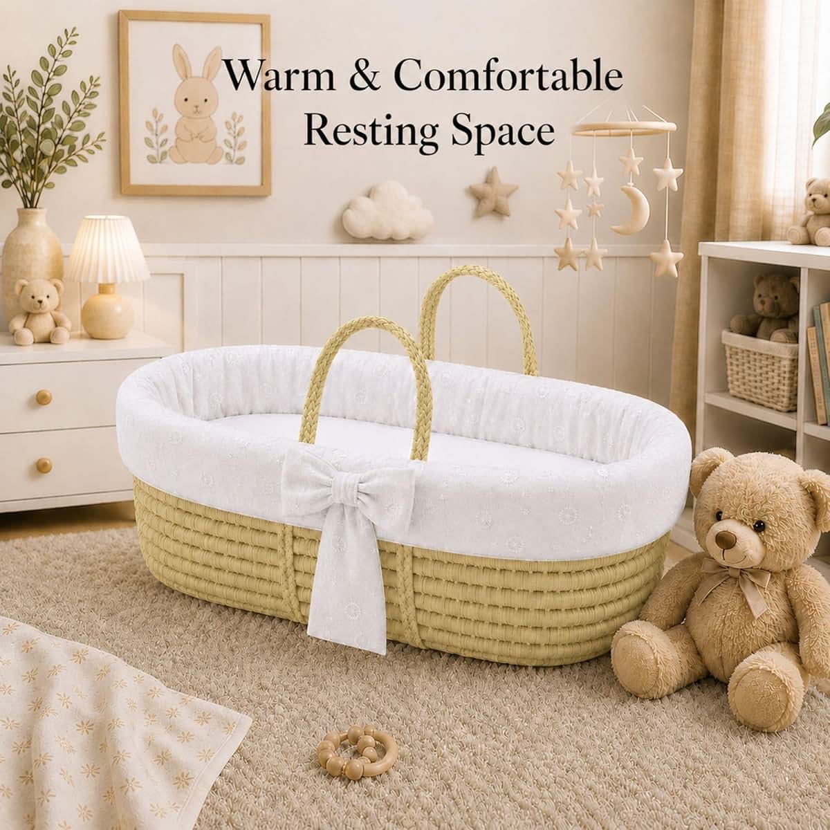 Ababy Moses Basket With Mattress, Fabric Liner & Polycotton Fitted Sheet - White Eyelet (photo 4)