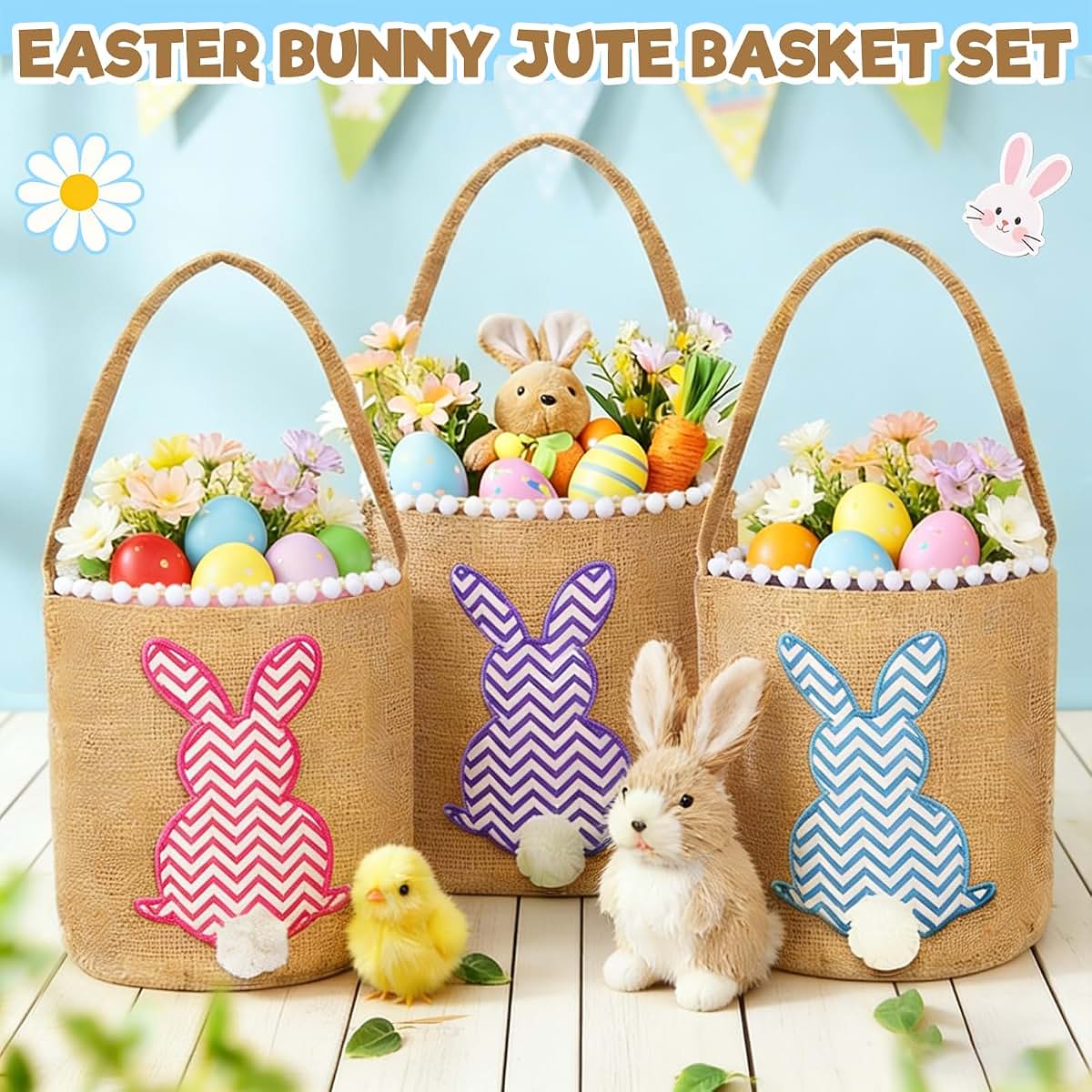 Turnmeon 3 PCS Easter Bunny Basket Set Linen Polyester Kids Tote Bags