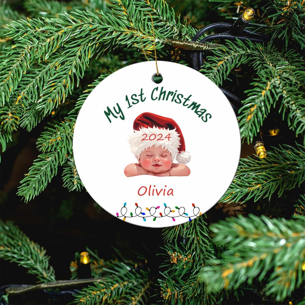 Bdbacxas Personalized Baby First Christmas Ornament,Custom Baby's 1st Christmas Tree Decor Round Ceramic Ornament for (photo 4)