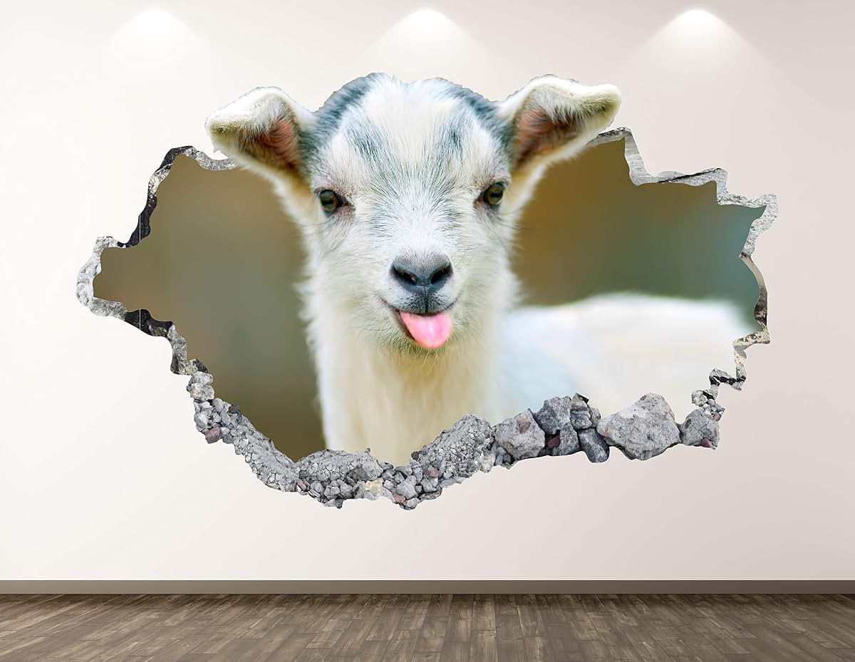 West Mountain Baby Goat Wall Decal Art Decor 3D Smashed Animal Sticker Poster Kids Room Mural Custom Gift BL259 (22"W x