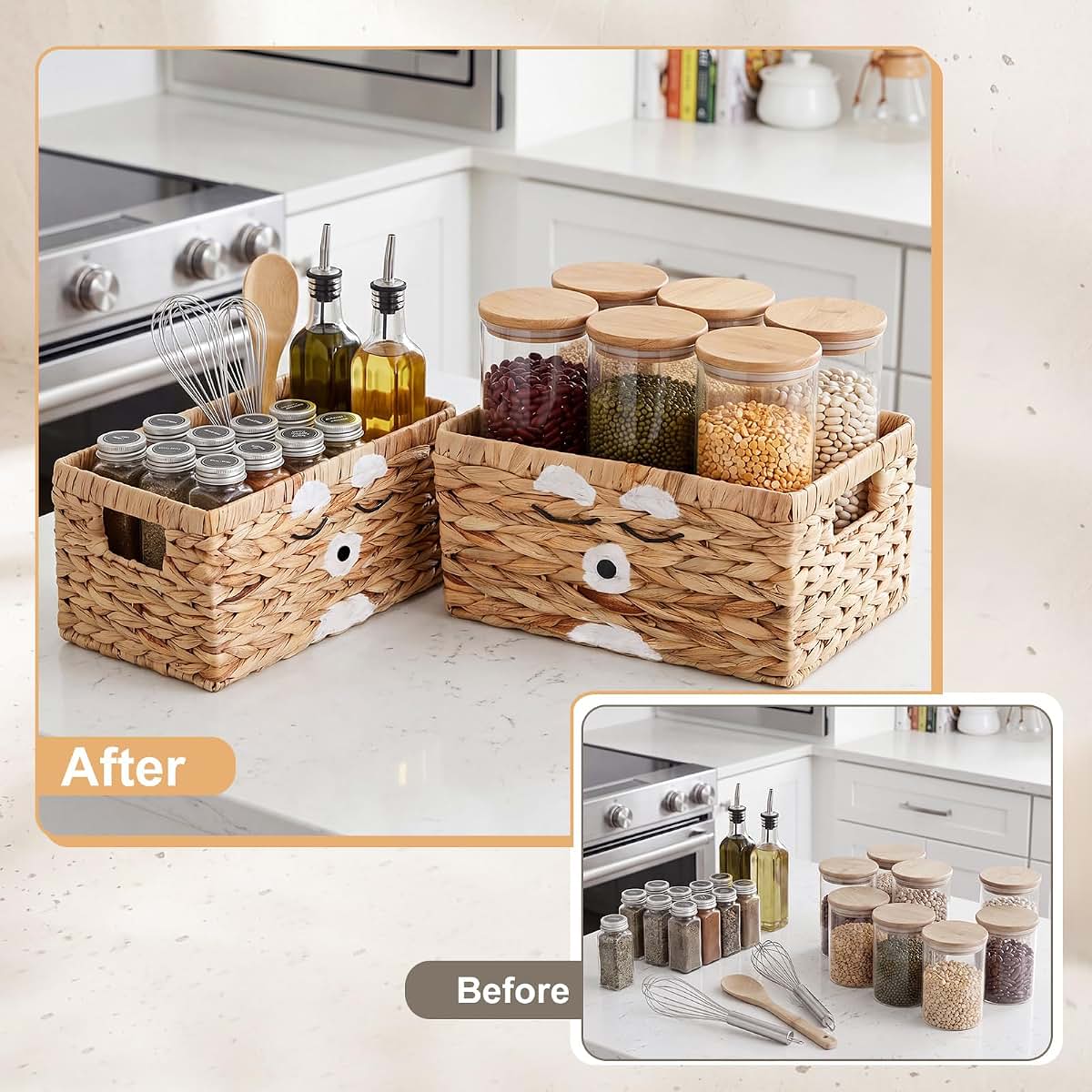 Bear Pattern Water Hyacinth Storage Basket Set for Organizing