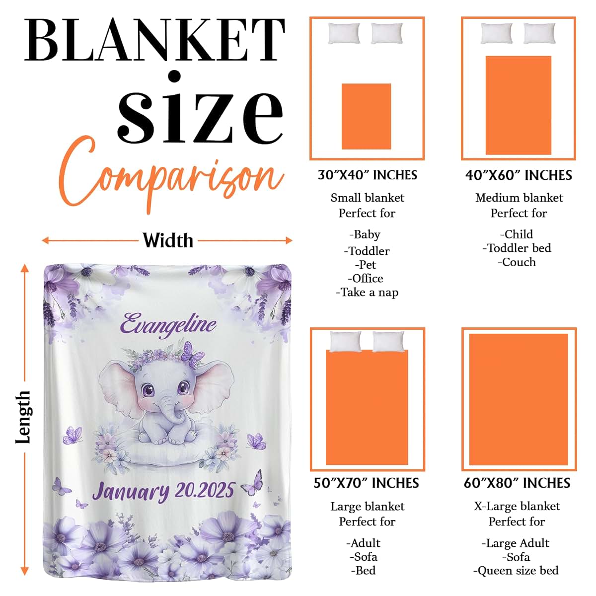 Foxcorner Personalized Girls Nursery Fleece Blanket Gifts, Purple Elephant | Beautiful New Baby Girl Baby Birthstats (photo 4)