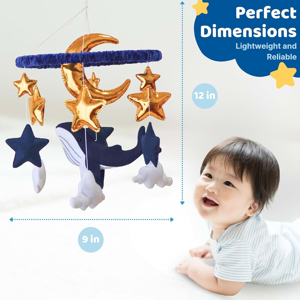 TINITIGIES Whale Hanging Mobile Navy Felt Whale Gold Foil Nursery Decor