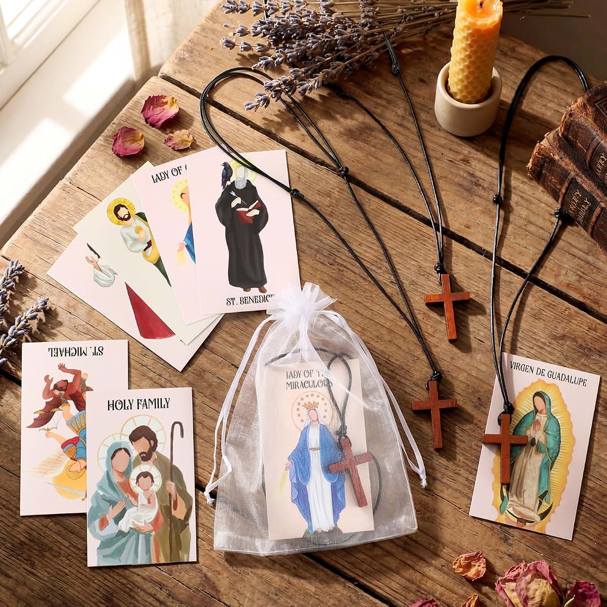 Sayglossy Wooden Cross Necklace Set with Prayer Cards