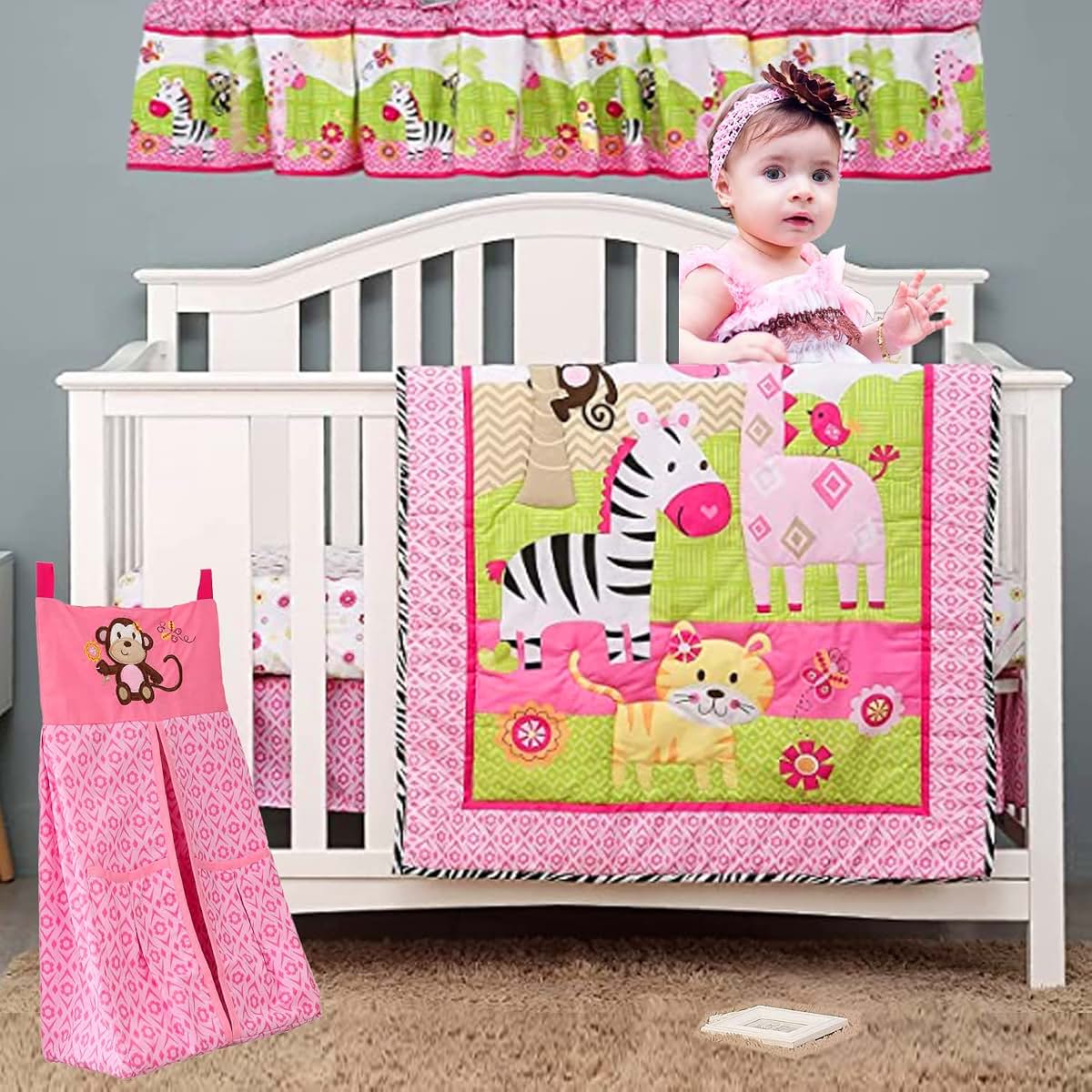 CribMATE Pink Embroidered Monkey Nursery Diaper Stacker (photo 4)