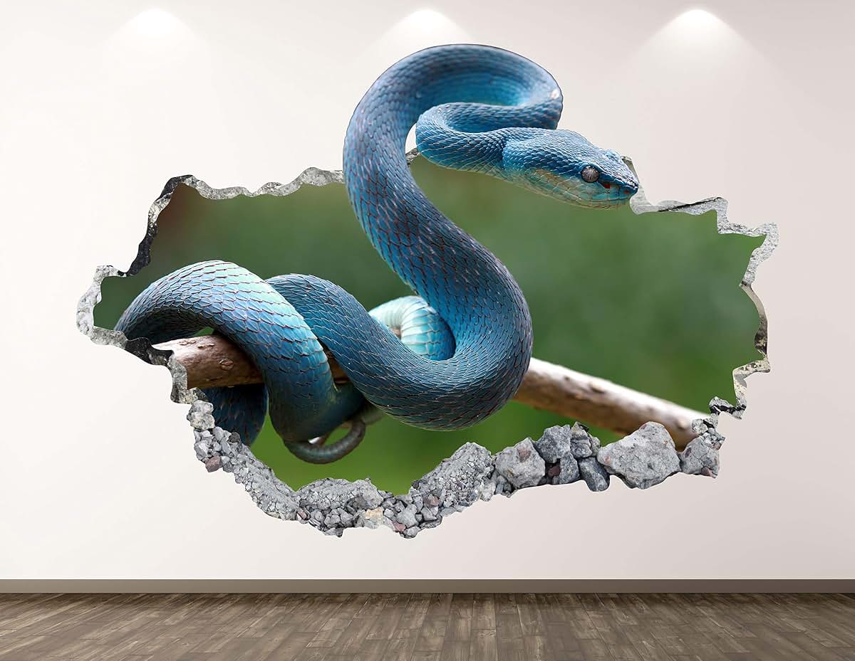 West Mountain Blue Snake Decal Art Decor 3D Rattlesnake Sticker Mural Nursery Boys Gift BL34 (22"W x 14"H)