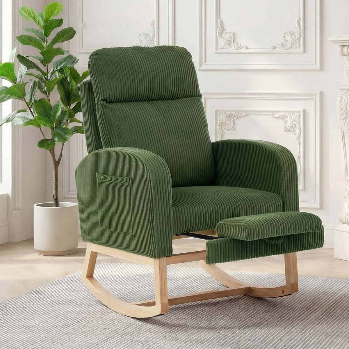 Glider Rocker Chair with Adjustable Footrest Side Pocket for Nursery Living Room