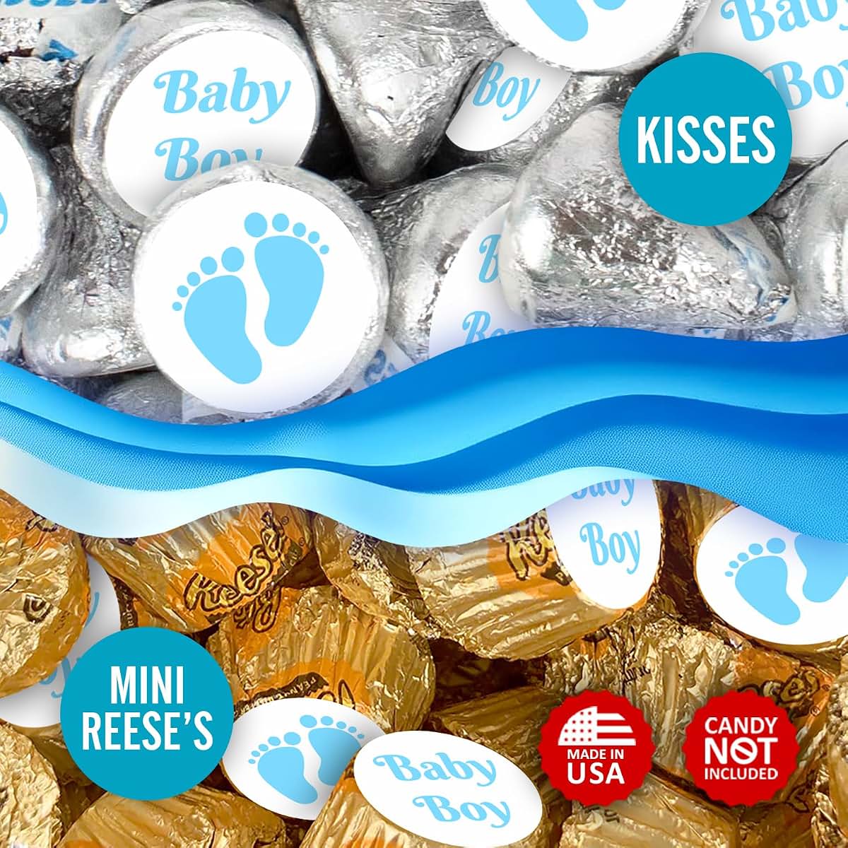BabyOneStop Baby Boy Blue Footprints Kisses Labels 324 Count Self-Adhesive Stickers