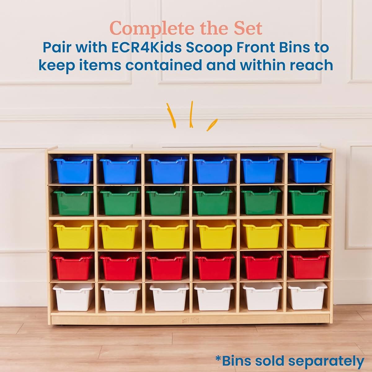 Ecr4kids 30 Cubby Mobile Tray Storage Cabinet In Natural Wood