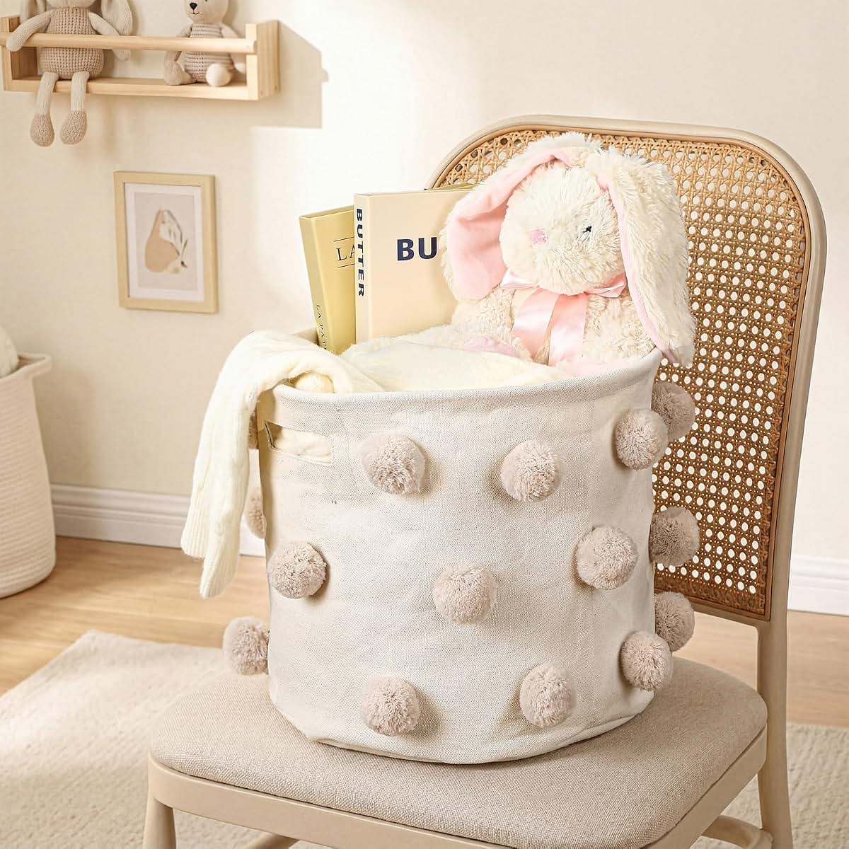 Acellegic Pom Pom Basket Canvas Storage Organizer for Nursery